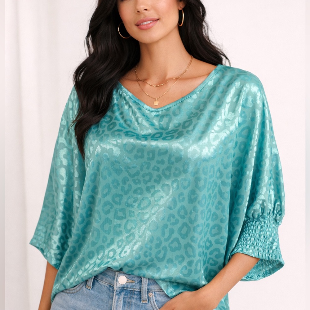 ODDY Turquoise Leopard Print Blouse NWOT